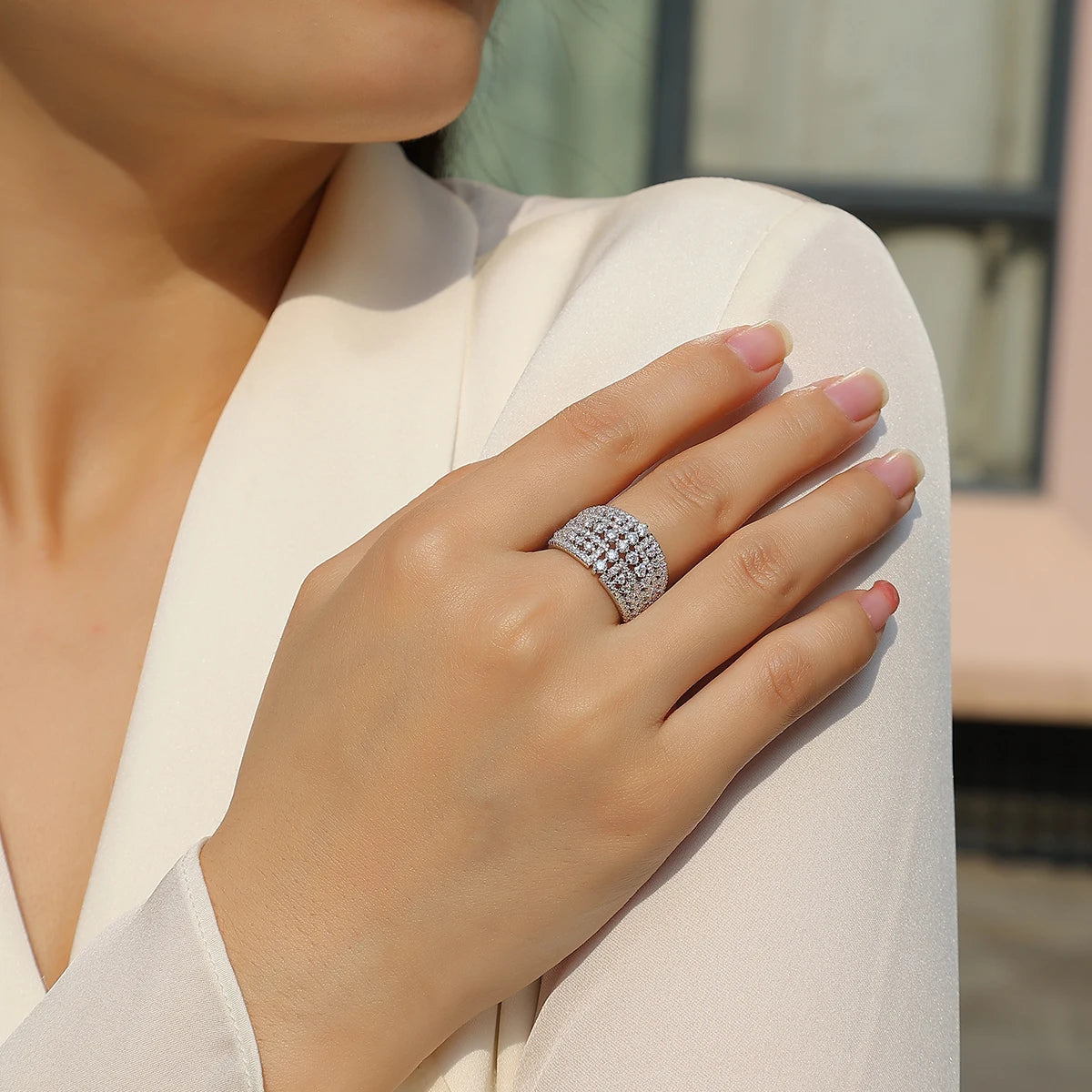 Wide Face Moissanite Eternity Ring in Platinum-Plated S925 Silver – Diamond Testing Certificate