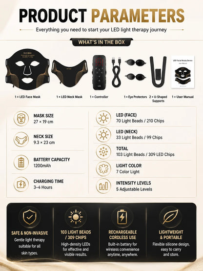 Silicone LED Face & Neck Mask – 7-Colour Red Light Therapy, 309 LED Chips, Cordless
