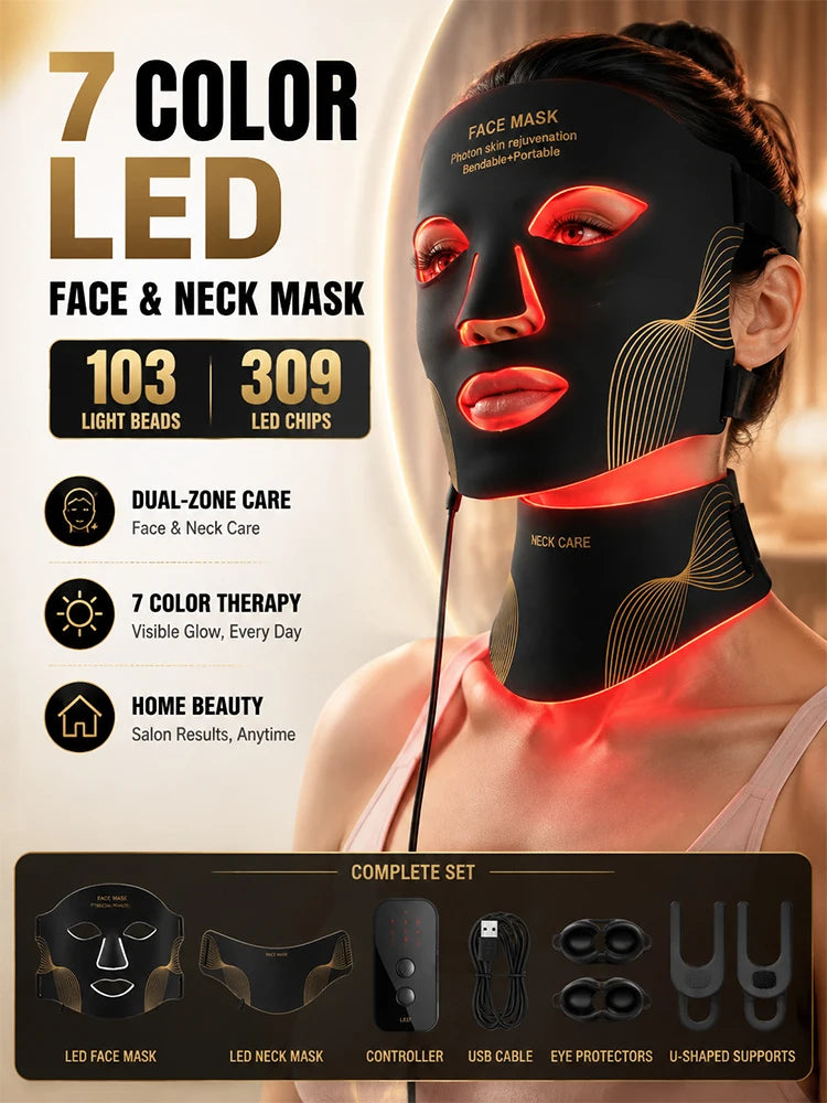 Silicone LED Face & Neck Mask – 7-Colour Red Light Therapy, 309 LED Chips, Cordless