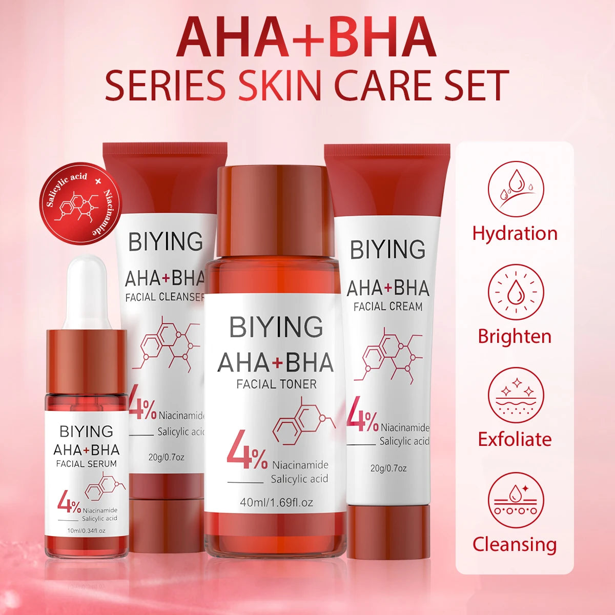 Set de cuidado de la piel de la serie AHA+BHA, 4 piezas, set de cuidado de la piel coreano reafirmante y revitalizante de 4 pasos