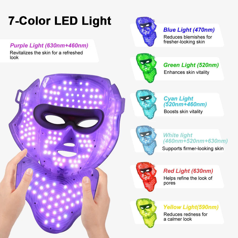Wireless 7-Colour LED Face & Neck Mask – 180 LEDs, 8 Modes, Rechargeable
