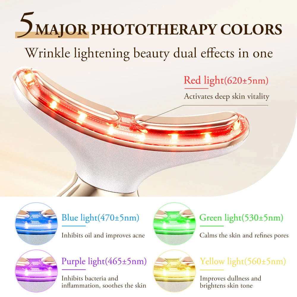 Neck & Face Lifting Device – Bipolar Microcurrent, 5-Colour LED & Warm Massage, 24K Gold-Plated Head