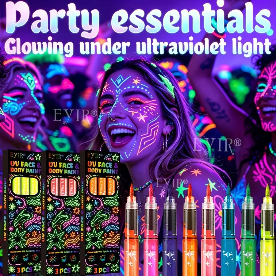 UV-Neon-Gesichts- & Körpermalstifte – schwarzlichtaktiv, abwaschbar, 3er-Packs, 8 Farben