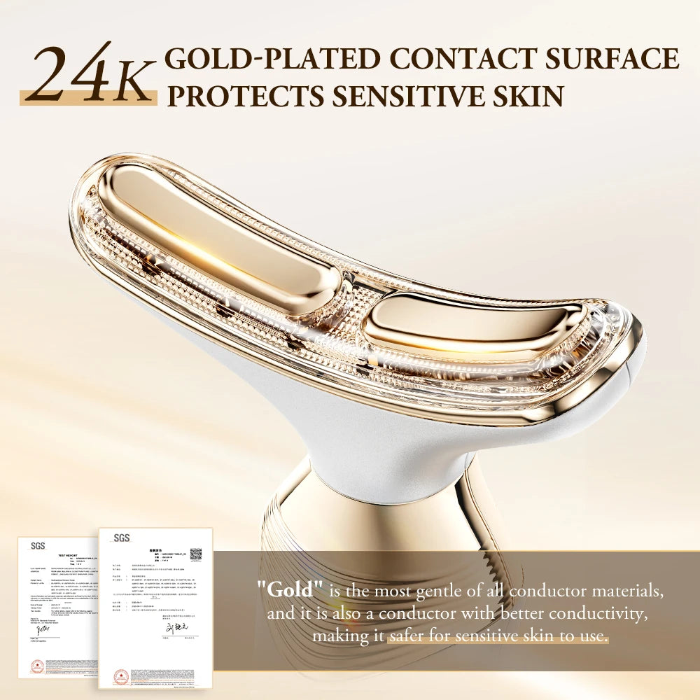 Neck & Face Lifting Device – Bipolar Microcurrent, 5-Colour LED & Warm Massage, 24K Gold-Plated Head