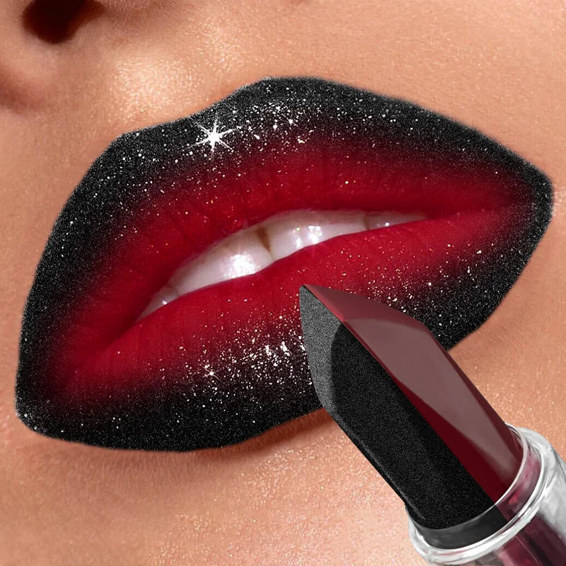 Black and red two-tone glitter lipstick by RAVEN KRONE