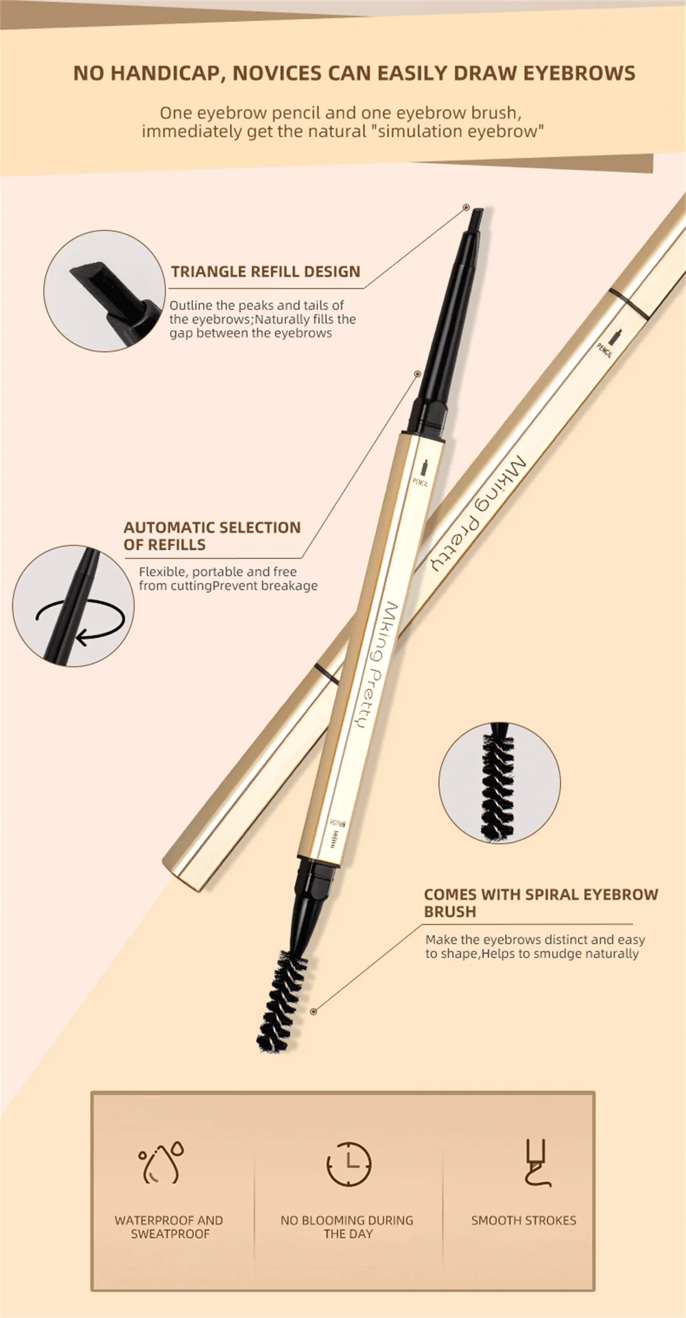 Waterproof & Long-Lasting Eyebrow Pencil with Dual Tip and Brush