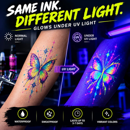 UV-Airbrush-Tinte für temporäre Tattoos – Schwarzlicht-Körperfarbe, hält 3–7 Tage, 15 ml, 8 Farben