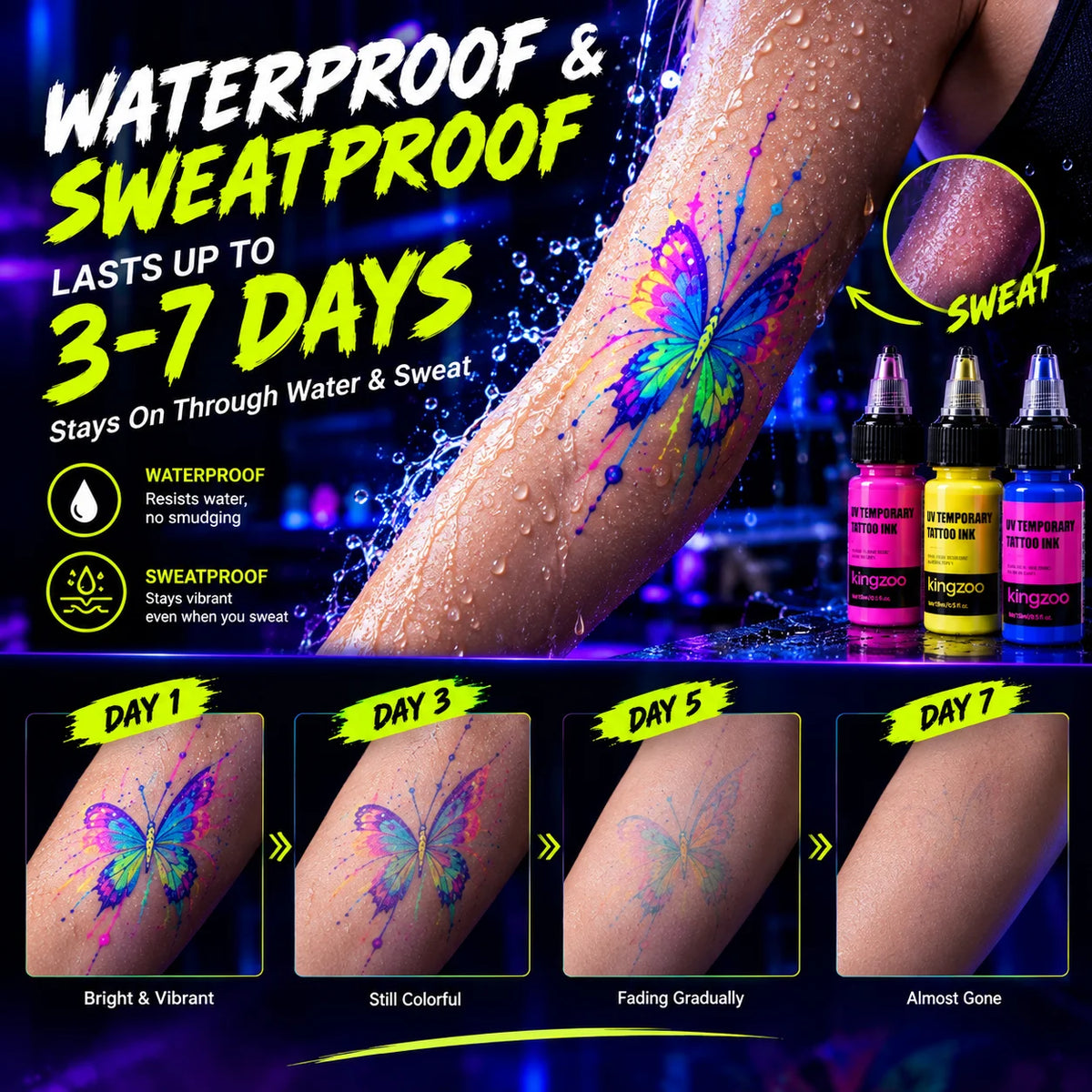 UV-Airbrush-Tinte für temporäre Tattoos – Schwarzlicht-Körperfarbe, hält 3–7 Tage, 15 ml, 8 Farben