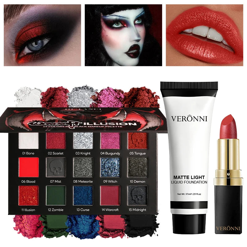 Gothic makeup set with eyeshadow palette, white foundation and lipstick by RAVEN KRONE, Red