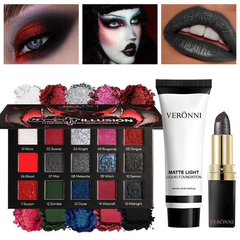 Gothic makeup set with eyeshadow palette, white foundation and lipstick by RAVEN KRONE, Black