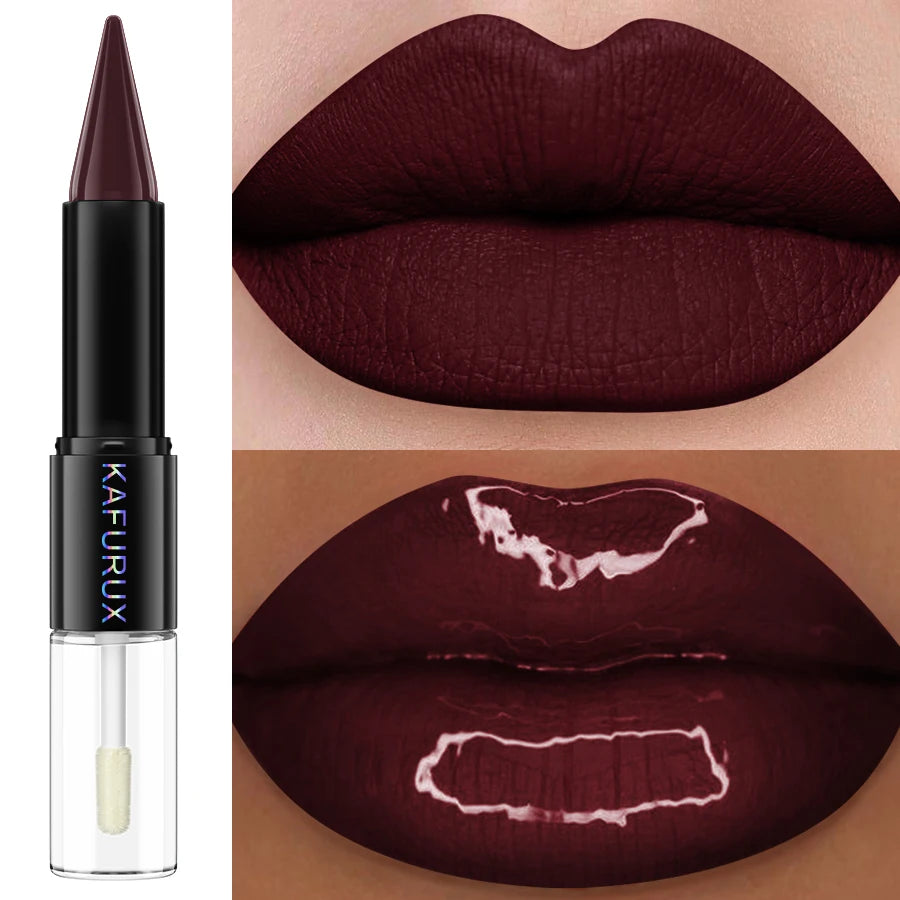 2-in-1 Matte Lipstick & Glossy Top Coat – Dual-Ended, Waterproof & Long-Lasting, 5 Dark Shades