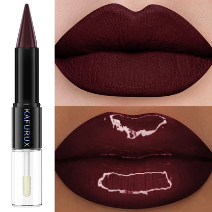 2-in-1 Matte Lipstick & Glossy Top Coat – Dual-Ended, Waterproof & Long-Lasting, 5 Dark Shades