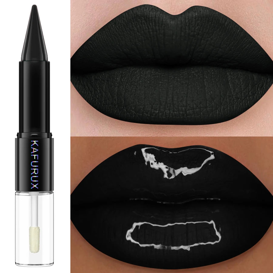 2-in-1 Matte Lipstick & Glossy Top Coat – Dual-Ended, Waterproof & Long-Lasting, 5 Dark Shades