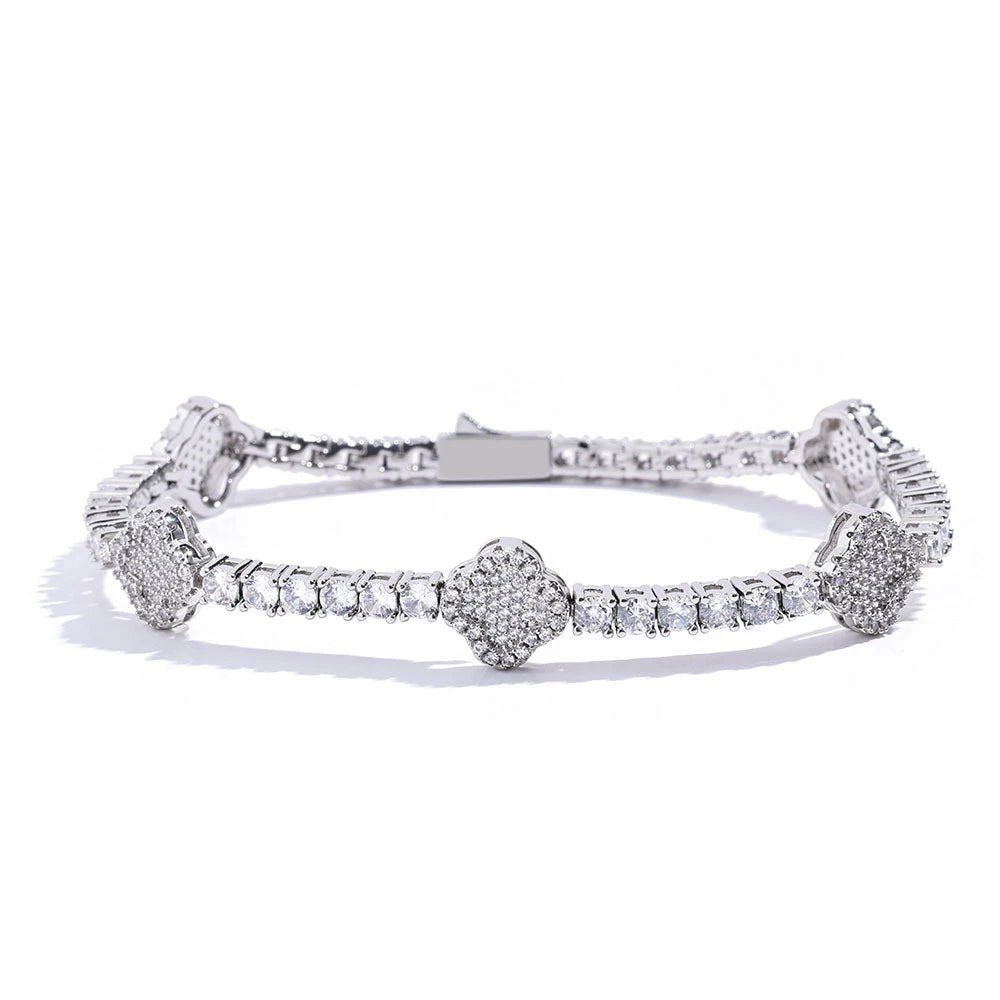 Moissanite Tennis Bracelet | Four-Leaf Clover | 925 Silver &amp; 18K White Gold