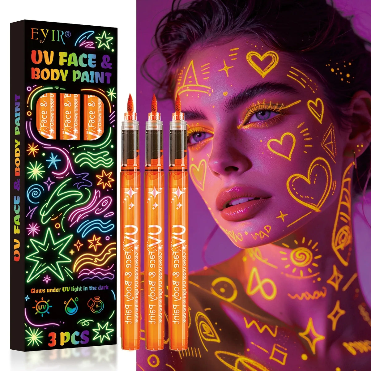 UV-Neon-Gesichts- & Körpermalstifte – schwarzlichtaktiv, abwaschbar, 3er-Packs, 8 Farben