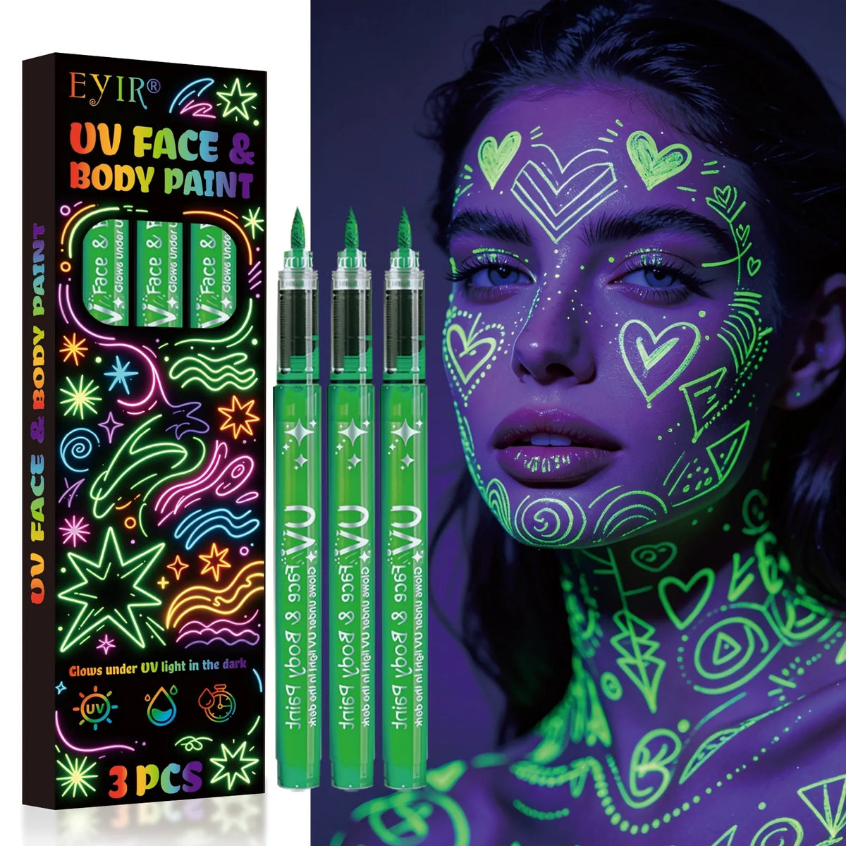 UV-Neon-Gesichts- & Körpermalstifte – schwarzlichtaktiv, abwaschbar, 3er-Packs, 8 Farben
