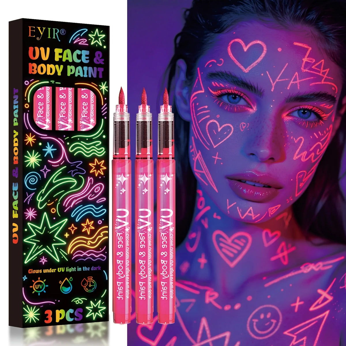 UV-Neon-Gesichts- & Körpermalstifte – schwarzlichtaktiv, abwaschbar, 3er-Packs, 8 Farben